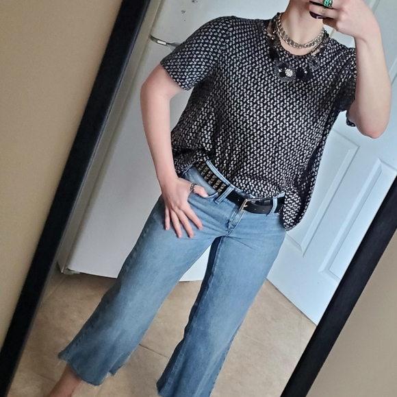 LOFT Black & White Monochrome Graphic Patterned Boxy Business Casual Blouse Top - Picture 5 of 16